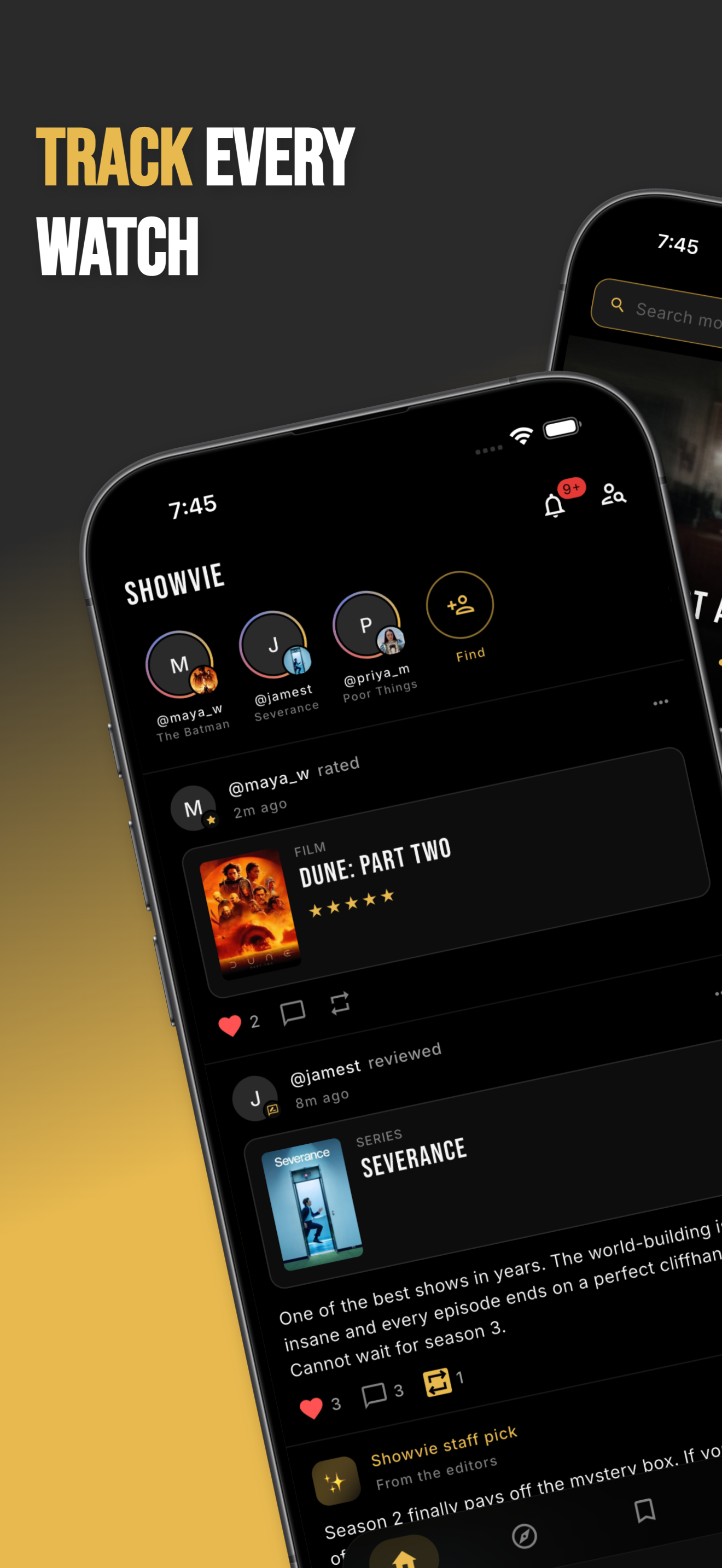 Showvie home screen — track every watch